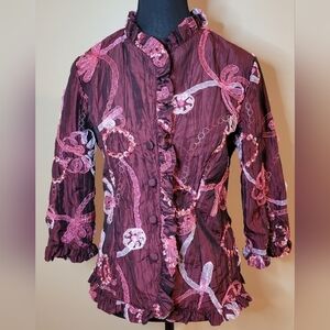 ARAZ Blazer, Ribbon Applique and Floral Embroidered, Burgundy, Size Medium